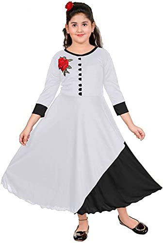 DIGIMART Girls Long Maxi Dress Flared Gown (White & Black) (2-3 Years)