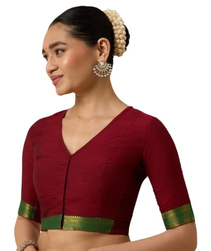 Image of Studio Shringaar Women's Handloom Cotton Stretchable (Smocked) Saree Blouse with Temple Zari Border