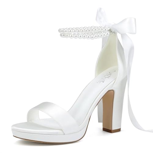 Platform Heels Wedding Shoes for Bride Pearl Heels Open Toe Bridal Shoes Wedding Heeled Sandals