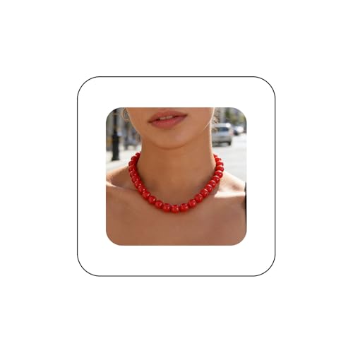 Boho Collier De Perles Rouges Collier Épais Collier Simple Collier Chunky Collier Perles Tour Cou Collier De Perles Rond Collier Chaînes Court Dainty...