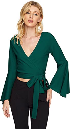 Image of TASHVIKA'S Women's Long Sleeve V Neck Tie Knot Wrap Blouse Top