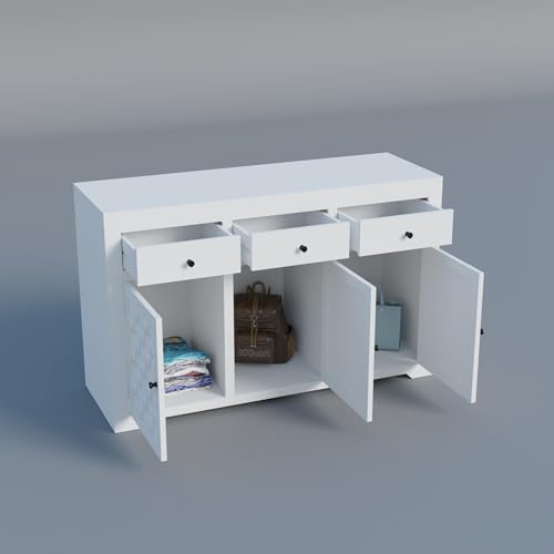Image of Solid Sheesham Niwar Wood Deco White 3 Drawers and 3 Shelves Chest of Drawer, Storage Organizer Sideboard, Kitchen Cabinet, Cupboard Furniture for Bedroom, Living Room, Home & Office