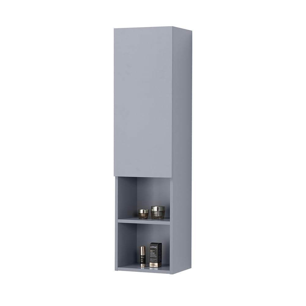 Colonna Bagno Sospesa 115 Cm Azzurro Polvere – Mobile Pensile Con Anta Soft-Close, Vani A Giorno E ripiani Interni – Linea Nuvola