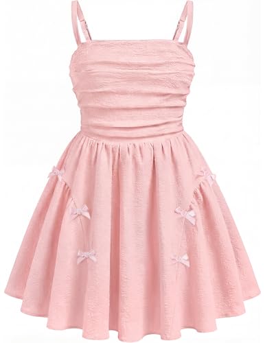 Pink Dress for Girls Summer Dresses Cami Party Outfits Sleeveless Dresses for Birthday Wedding Beach Sundress Floral Flower Cute Boho Princess A-Line Bows Back-to-School Clothes for Kids Size 7-8