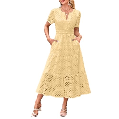 Women's Summer Dress V Neck Boho Maxi Dresses Casual Short Sleeve Long Bohemian Hollow Out Eyelet Beach Dress Ladies Flowy Holiday Swing Loose Fit Dresses with Pockets for Party Evening