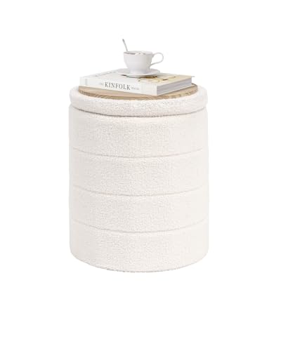 PINPLUS Pouf de Rangement, Rond Tabouret Rembourré avec Couvercle, Pliable Coffre de Rangement 37x37x45 cm, Teddy Velours Ottomane, pour Salon Chambre...