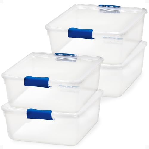 HOMZ 4-Pack 15.5 Quart Latching Lid, Clear Plastic Storage Organizer Bins, Blue – Stackable Containers for Home & Office Shelves, Kitchen, Garage, and Bathroom Organization