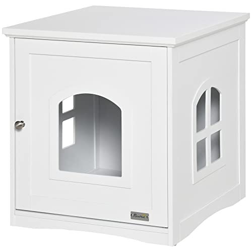 PawHut Cat Litter House with Door Pet Supplies Cat Supplies Dimensions 48.7 L x 53.3 W x 53.3 H cm White MDF