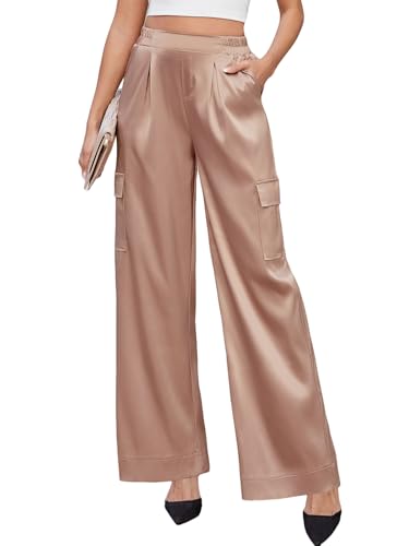 ZAFUL Womens Satin Pants Wide Leg High Waisted Cargo Pants Silky Dressy Casual Going Out Slack Trousers, Khaki, M