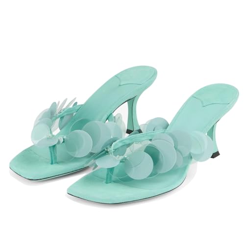 Image of Goolita Women's Suede Sequin Kitten Heels Flip Flops Open Square Toe Strappy Thong Slide Heeled Sandals Comfort Prom Party Mules Heels