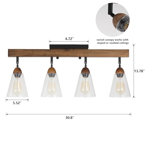 4-Light Large Rustic Farmhouse Wood Flush Mount Ceiling Light Fixture Clear Seeded Glass Shade and Oak Wood Track Semi Flush Mount Ceiling Light for Kitchen Living Room Bedroom Indoor, Black by RKUCSR - Used condition - Image 4