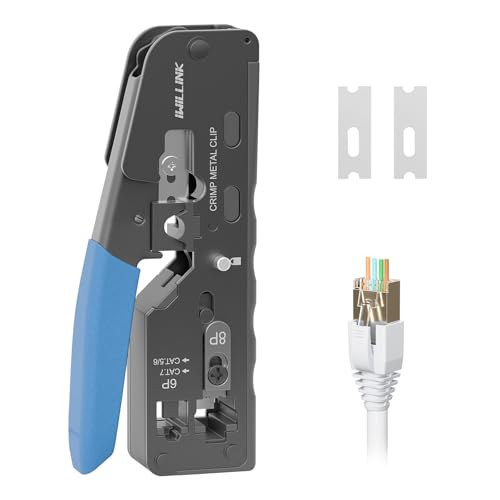 iwillink RJ45 Crimper Tool Pass Through Ethernet Crimping Tool for Cat5/Cat6/Cat7 Connector Support Stripping & Cutting Modular Plug Crimper (End Pass-Thru Compatible)