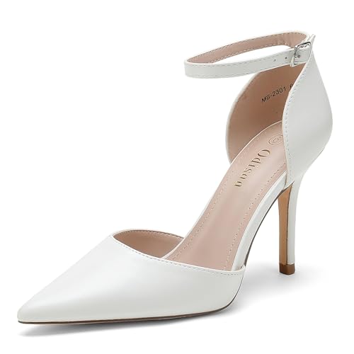 Odisen Women's Pumps White Closed Toe Pointed Toe High Heels Buckle Ankle Strap Bridal Wedding Dress Shoes Heeled Sandals (White Pu, 9.5)
