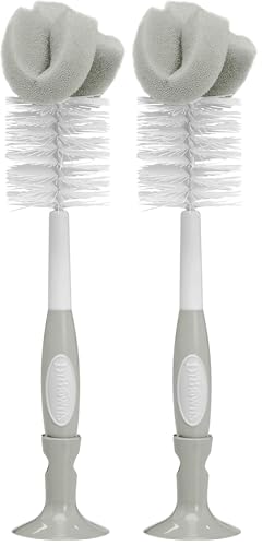 Image of Dr. Brown's Reusable Sponge Baby Bottle Cleaning Brush with Suction Cup Stand, Scrubber and Nipple Cleaner, BPA-Free, Gray, 2-Pack