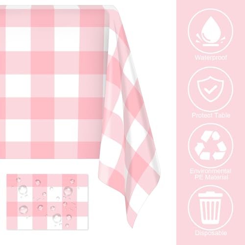 Image of Mulbozy 3 Pcs Pink Gingham Tablecloth Plastic 54 x 108 Inches