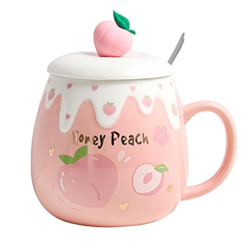 Obst Rosa Pfirsich Tasse mit Deckel Löffel 3D Niedlich Keramik Kaffee Tee Milchtasse Paar Tasse Set Geburtstagsgeschenk Frauen Liebhaber (rosa pfirsich, 500ml)