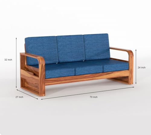 Image of Solid Sheesham Wooden 3 Seater Sofa for Living Room | Sofa with Side Pocket Storage & Cushion | Rosewood Sofa Set for Home (Honey with Blue Cushion, 3 Seater)