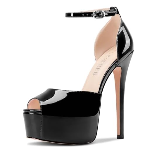 TNYNFBEB Sandália feminina stiletto salto plataforma alta peep bico aberto tira no tornozelo fivela vestido de festa de formatura couro envernizado 15 centímetros salto, Preto, 38