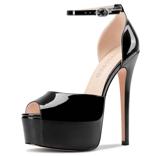 TNYNFBEB Womens Stiletto High Platform Heel Peep Open Toe Sandals Ankle Strap Buckle Prom Party Dress Patent Leather 6.1 Inches Heels