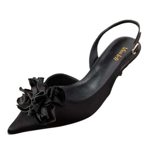 miss left Women Elegant Flower Pointed Toe Satin Slingback Pumps Slip on Comfy Low Heel Sandals Party Event Dressy Shoes Size 4-16 US
