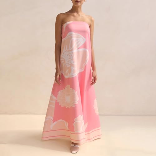 Image of Zwirelz Women Strapless Maxi Dress Boho Floral Print Flowy Long Tube Dress Off Shoulder Loose Beach Sundress