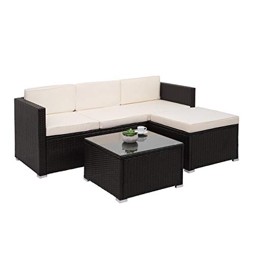 Mendler Poly-Rattan Garnitur HWC-F40, Balkon-/Garten-/Lounge-Set Sitzgruppe, 3er Sofa Tisch - braun, Kissen Creme – Bild 3