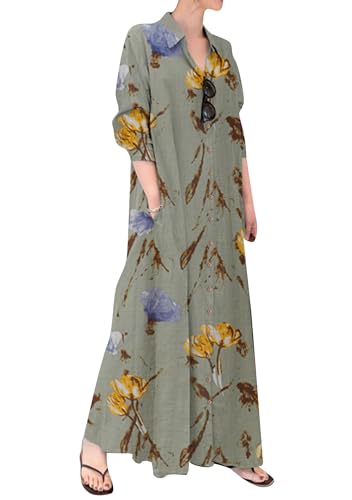 YINGLOP Women's Button-Down Long Shirts Dress Cotton Linen Blouse Dress Long Sleeve Loose Fit Maxi Dress with Pockets Floral Blue S