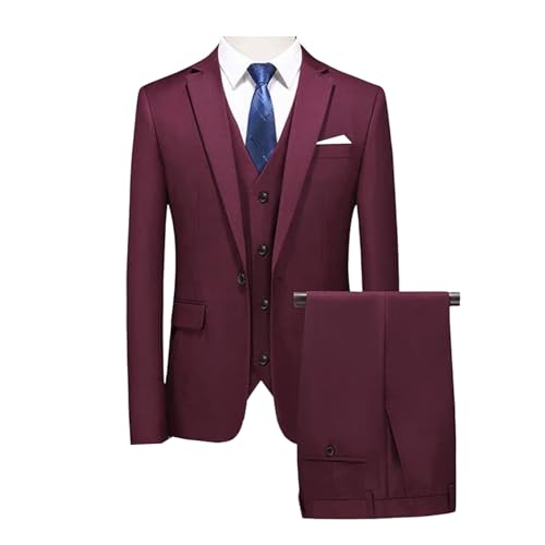 Men 3 Piece Business Wedding Party Fashion Slim Single Breasted Jacket Vest Pants Burgundy