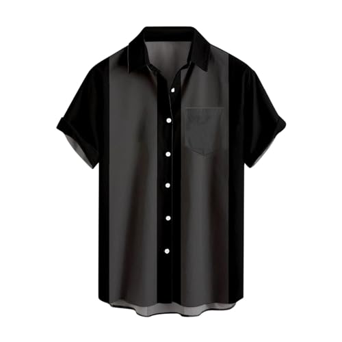 Men's Vintage Bowling Shirt Short Sleeve Button Down Shirt Vintage 1950s Rockabilly Camp Shirt Mens Bowling Shirts Casual Summer Shirt(Xa-Black,XXL)