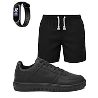 Kit Tênis Masculino Casual Clássico Urbano + Short Linho Bermudinha Praia e Relógio Digital - Preto/P - Preto/37