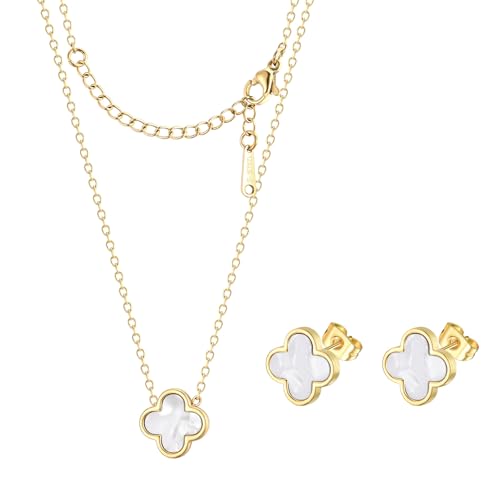 Clover Necklace and Stud Earrings Jewelry Set White Black Red Clover Pendant Necklace 18k Gold Plated Four Leaf Clover Necklace Earrings Set Gifts for Women
