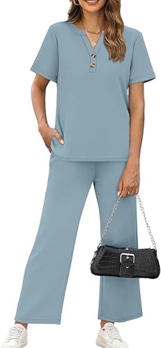 OFEEFAN Beach Vacation Clothes for Women Two Piece Sets Dressy Casual Lounge Sets Summer Button V Neck Clothes Wide Leg Pants Outfits Lack Blue Xl
