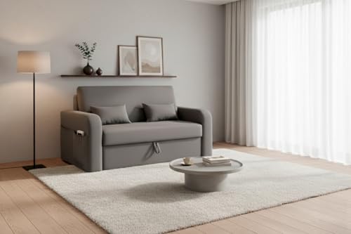 Sofá Cama Compacto Retrátil e Reclinável Lady Day 2 Lugares 140cm Com Baú e Almofadas em Veludo Premium (Cinza)