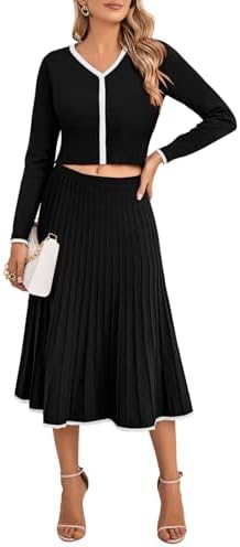 Pink Queen 2 Piece Sets For Women Long Sleeve Crop Top Pleated Skirts Ribbed Knit Matching Set Fall Outfits