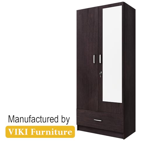 Image of VIKI Wardrobe | Wooden Almirah for 2 Door Wardrobe with 1 Drawer & Hanging Space with Mirror (Dark Wenge - 40D x 80W x 180.8H) | 1 Year Warranty | Free Assembly