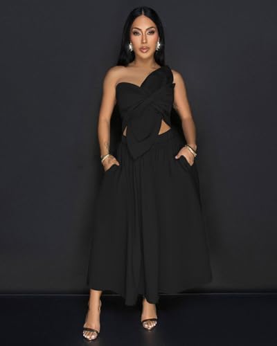 Image of YUEWOO Midi Dresses for Women Casual Summer Sundresses Vacation Outfits Spaghetti Strap Smocked Women Maxi Dress with Pockets