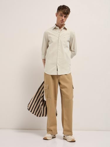 Image of THE BEAR HOUSE Men's Beige Slim Fit Solid Cotton Casual Shirt