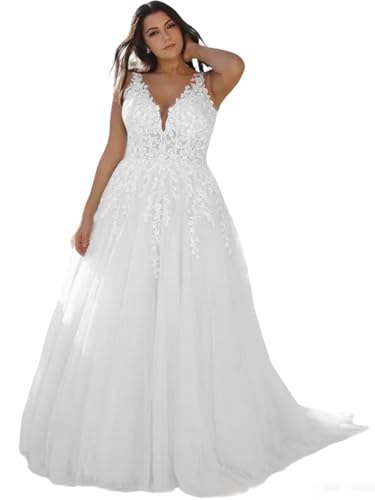 Plus Size Boho White Wedding Dresses Tulle A Line Ball Gown Wedding Dress for Women witn Train V Neck Lace Appliques Plus Bridal Gowns