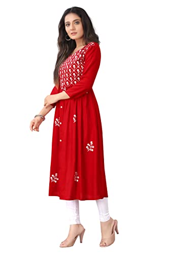 Image of KrazzyKudy Women's Rayon Embroidered Flared Kurtis