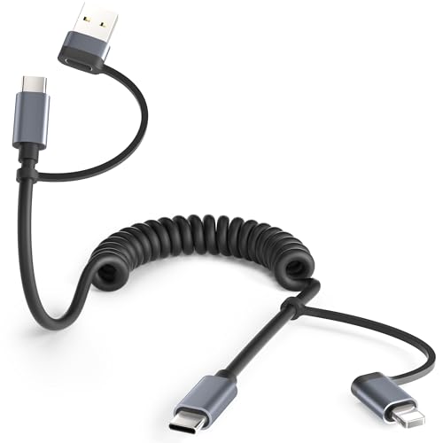 BASESAILOR pour iPhone 17 16 Pro Max 4 en 1 Câble USB C Spirale Voiture 1M,Cable Multi USB Chargement Universel Apple Carplay Type C avec USB A/Lightning...