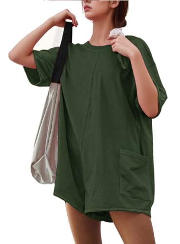 Image of AmorLee Tshirts Rompers for Women Casual Short Sleeve Back V Neck Oversized Pocket Shorts Overall Romper Cute Jumpsuits, Green, Medium