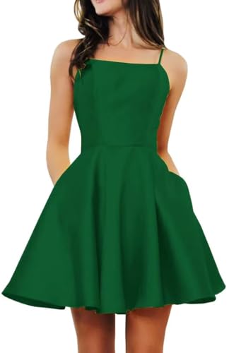 Spaghetti Strap Homecoming Dresses for Teens 2025 Satin Short Junior Prom Dresses with Pockets
