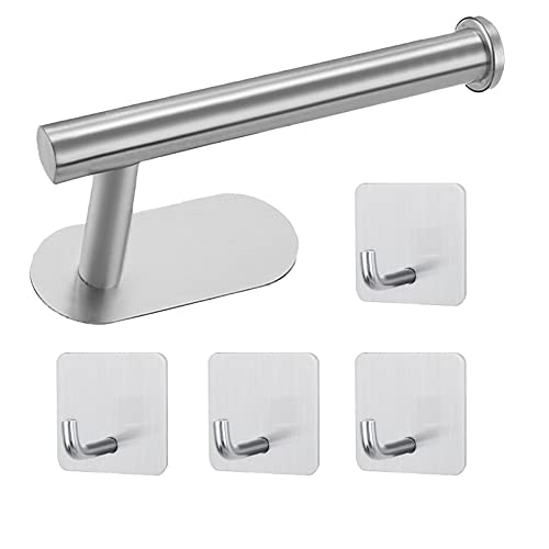 ROUMIO Portarrollos Papel higiénico Autoadhesivo, Porta Rollos de Papel higiénico y 4 Piezas de Ganchos Adhesivos, Muy Adecuado para Cocina, baño e Inodoro, Acero Inoxidable. (Plata)