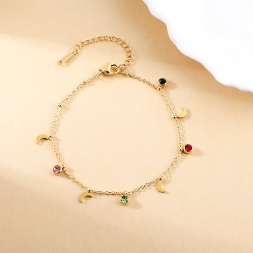 Image of 18K Gold Plated Stainless Steel Dainty Charms Colorful Crystal Birthstone Bracelet Minimalist Cute Jewelry for Women