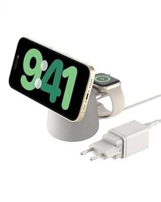 Belkin BoostCharge Pro Cargador Inalámbrico 2 en 1 con Qi2 de 15 W  Estación de Carga con MagSafe para iPhone Series 17  iPhone Air  16  Apple Watch  AirPods y Otros  Fuente de alimentación - Beis
