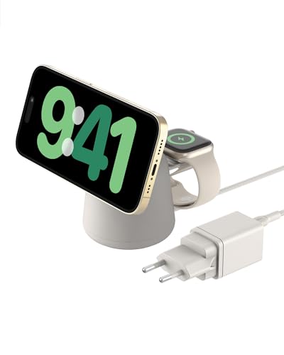 Belkin BoostCharge Pro bezprzewodowa stacja ładująca 2 w 1 z Qi2, 15 W, kompatybilna z MagSafe ładowarka do iPhone 17, Air, Pixelsnap, Apple Watch, AirPods, innych urządzeń Qi2, łącznie z zasilaczem