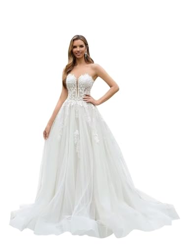 Lace Applique Strapless Wedding Dresses with Train 2026 Backless A-Line V-Neck Sleeveless Lace Off Shoudler Organza Bridal Ball Gown for Bride Ivory 16