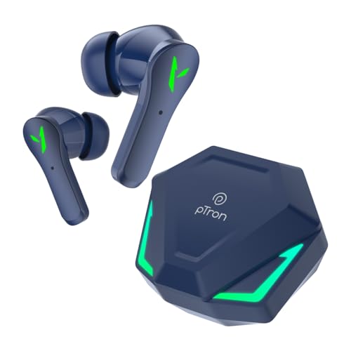 Image of pTron Bassbuds Rogue W / 40Ms Low-Latency Gaming,Clear Calls,50Hrs Playtime,Pristine Sound,V5.3 Bluetooth in Ear Headphones,Snug-Fit,RGB Lights,Touch Control,Voice Assist,IPX5 Water Resistant (Navy)