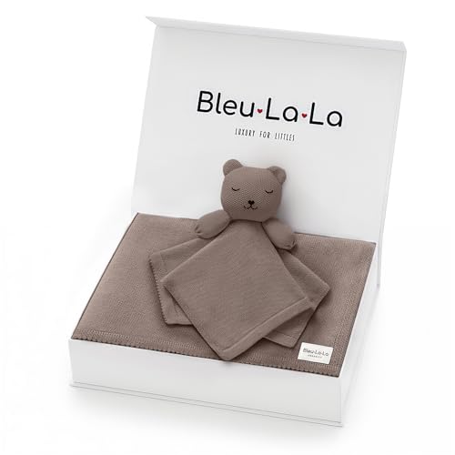 Image of Baby Gift Set - Organic Cotton Newborn Blanket and Lovey Security Blanket Set, Newborn Gifts, Baby Boy Shower Gifts (Lovey - Bear - Milk Chocolate)