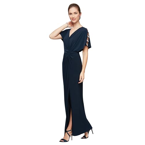 Alex Evenings Women's Long V-Neck Knot Front Wedding Guest Dress with Cold Shoulder Sleeves (Petite and Regular Sizes)